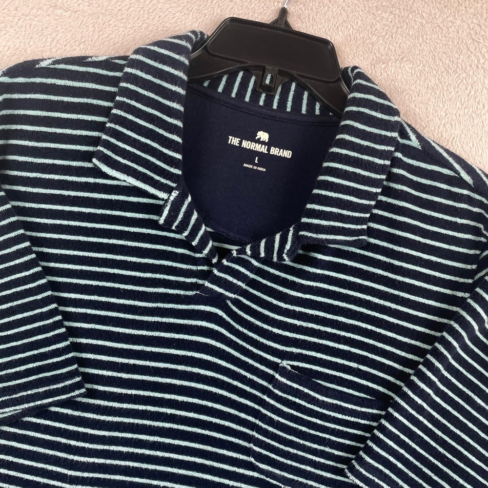 The Normal Brand Knit Polo Shirt Men Large Blue Stiped Terry Cloth Johnny Collar